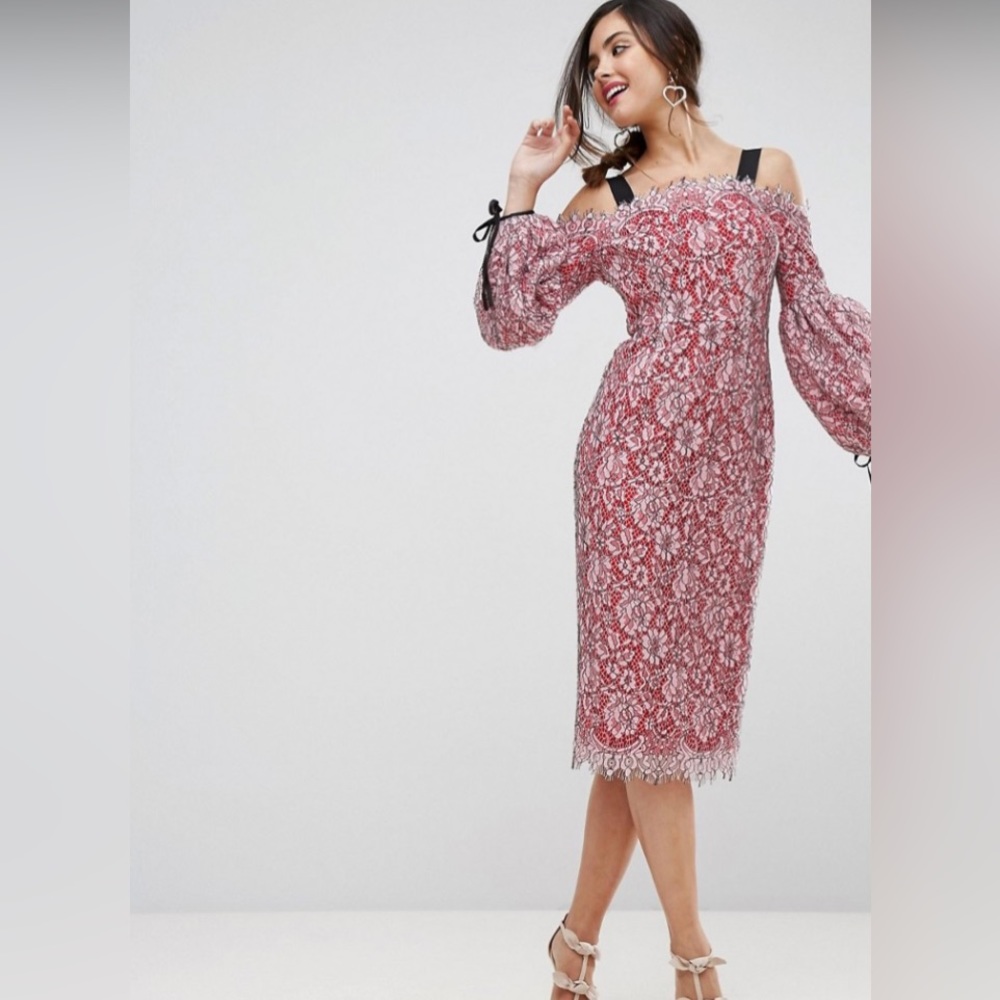 ASOS extreme sleeve Bardot pencil lace midi dress with contrast trims